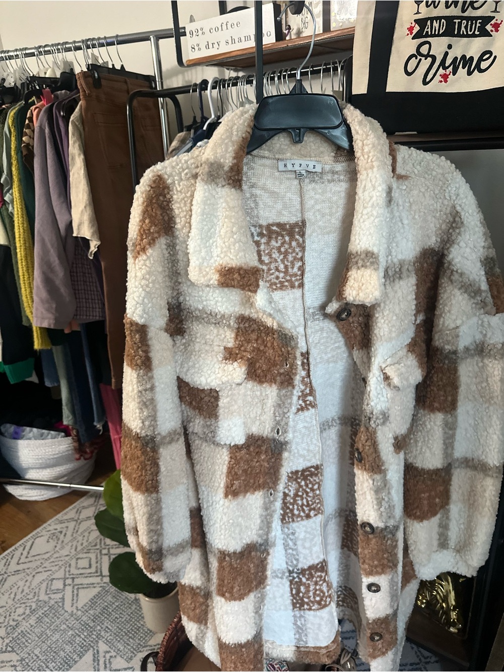 HYFVE Cream & Brown Checked Teddy Coat